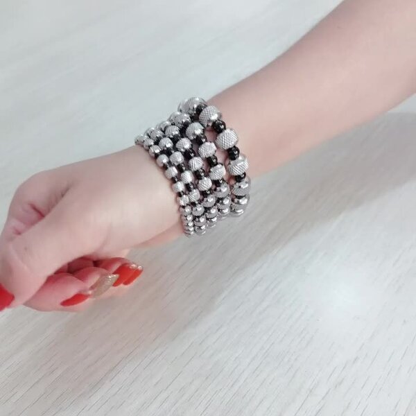 Stainless Steel Elastic Bracelet Manufacturer - Black Color Wholesale Texture Bead Two Tone Plating Stretch Stripe Bead Waterproof