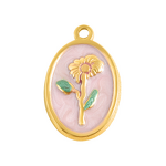 Stainless Steel December Birth Flower Pendant Manufacturer - 18K Gold Plated Punk Floral Oval Pink Oil Drop DIY Charm Necklace