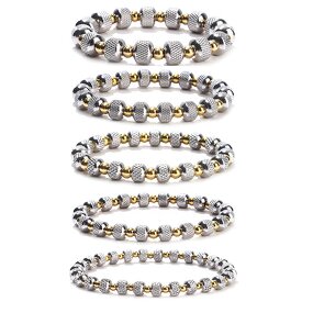 Stainless Steel Elastic Bracelet Manufacturer - PVD Gold Color Wholesale Texture Bead Two Tone Plating Stretch Stripe Bead Waterproof