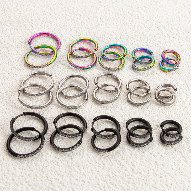 Stainless Steel Huggie Earrings Manufacturer - Wholesale Minimal Crystal Zircon Inlaid Black Silver Rainbow Round Circle Piercing Jewelry