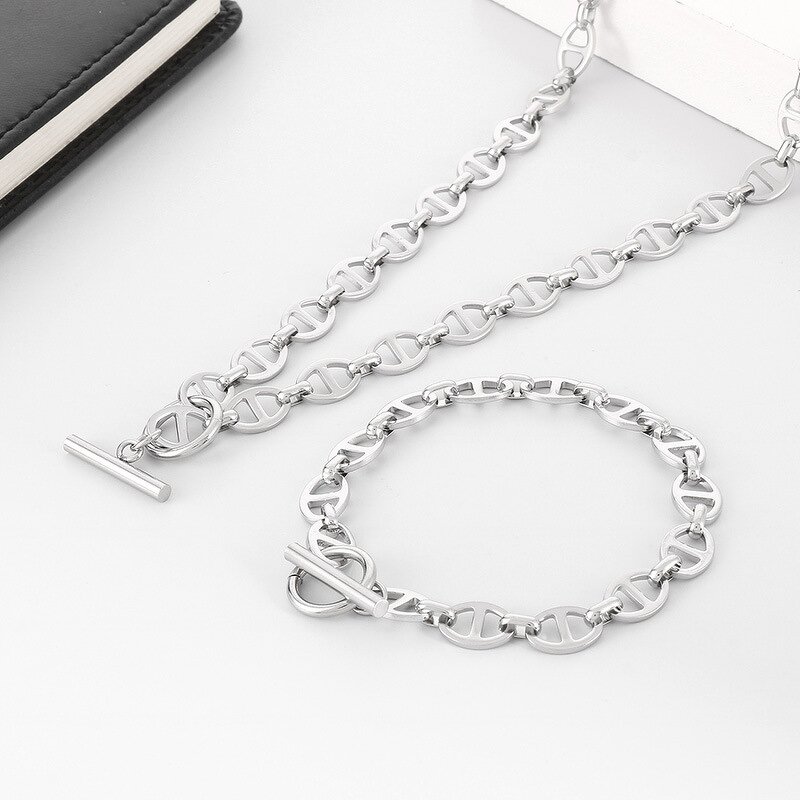Stainless Steel Jewelry Set Manufacturer - Wholesale Custom Hand Made Trendy OT Toggle Pig Nose Men Geometric Chain Bracelet Necklace