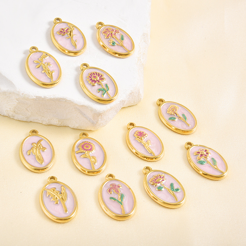 Stainless Steel December Birth Flower Pendant Manufacturer - 18K Gold Plated Punk Floral Oval Pink Oil Drop DIY Charm Necklace