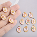 Stainless Steel December Birth Flower Pendant Manufacturer - 18K Gold Plated Punk Floral Oval Pink Oil Drop DIY Charm Necklace