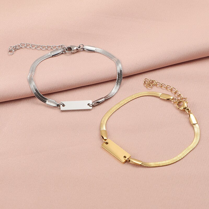 Stainless Steel Snake Chain Bracelet Manufacturer - Trendy Gold-color Plated Long Flat Unisex Temperament All-match DIY Engraving Snake Bone