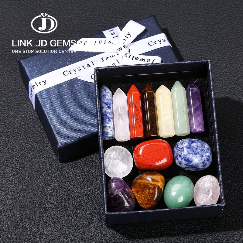 Natural Seven Chakra Tumbled Stone Set - Pointed Quartz Healing Stone Hexagon Gems