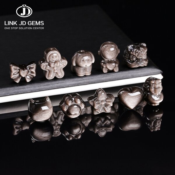 Natural Stone Silver Obsidian Carved Bead - Patterned Cat Paw Pixiu Animals Shape