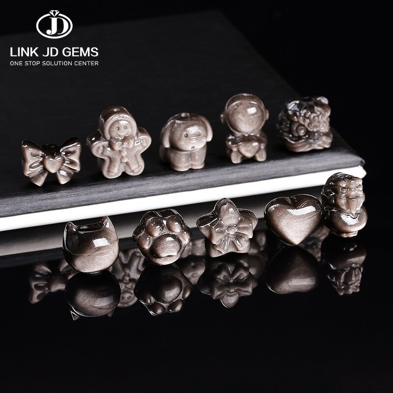Natural Stone Silver Obsidian Carved Bead - Patterned Cat Paw Pixiu Animals Shape