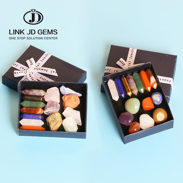 Natural Stone Specimen Box Set - Seven Chakra Rough Mineral Stone Hexagonal Column