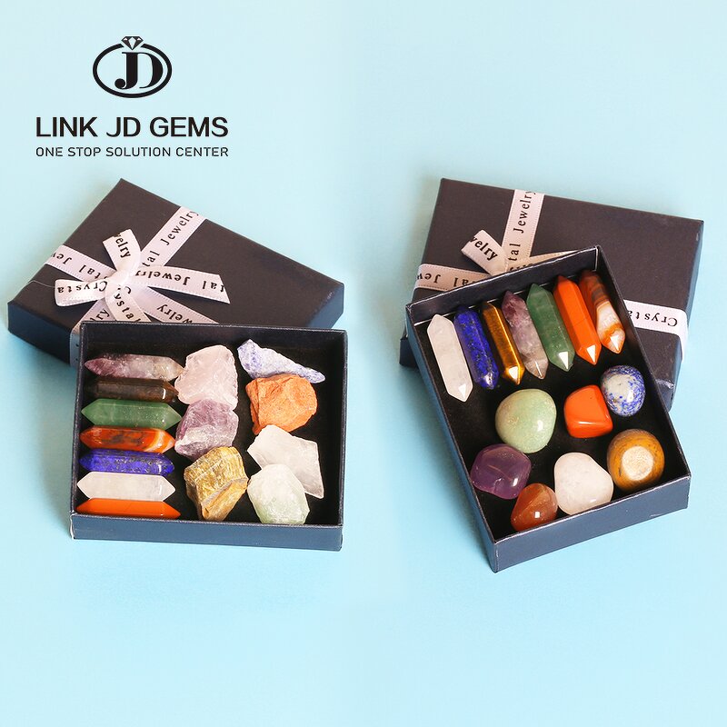 Natural Stone Specimen Box Set - Seven Chakra Rough Mineral Stone Hexagonal Column