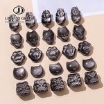 Natural Stone Silver Obsidian Carved Bead - Patterned Cat Paw Pixiu Animals Shape
