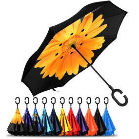 Reverse Umbrella Manufacturer - OEM New Creative Custom Printing 23 Inch Hook C Handle Self-standing Double Layer Windproof Inverted