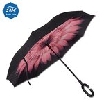 Reverse Umbrella Manufacturer - Custom Inside Out C Shape Handle Reverse Printing with Flower Pattern Print