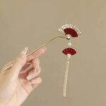 Hair Sticks Manufacturer - Vintage Red Velvet Rose Flower U Pins Pearl Rhinestone Metal