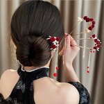 Hair Sticks Manufacturer - Vintage Red Velvet Rose Flower U Pins Pearl Rhinestone Metal
