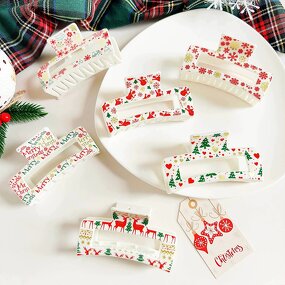 Hair Clips Manufacturer - 8.5cm Printing Elk White Pink Clear Rectangle Plastic Claw Clip