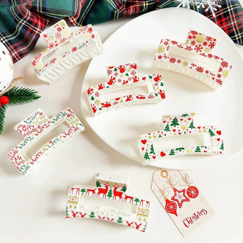 Hair Clips Manufacturer - 8.5cm Printing Elk White Pink Clear Rectangle Plastic Claw Clip