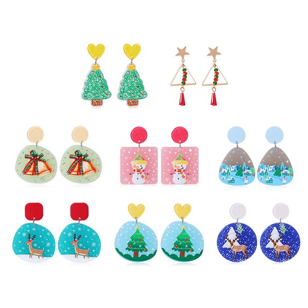 Earrings Manufacturer - Women Girls Cute Embossed Bell Reindeer Snowman Tree Acrylic