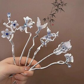 Hairpin Manufacturer - Chinese Long Fork Clip Hanfu Butterfly Gingko Stone Blue Flower