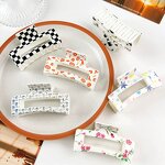 Hair Clips Manufacturer - 8.5cm Printed Flower Checker Rectangle Plastic Claw Clip for Women