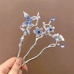Hairpin Manufacturer - Chinese Long Fork Clip Hanfu Butterfly Gingko Stone Blue Flower