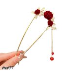 Hair Sticks Manufacturer - Vintage Red Velvet Rose Flower U Pins Pearl Rhinestone Metal