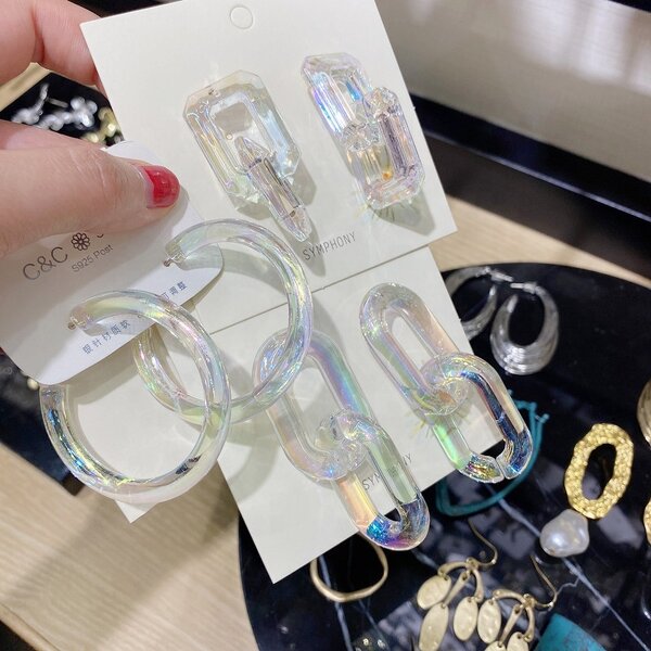Earrings Manufacturer - 2025 Fashion Summer 925 Jewelry Geometric Clear Square C Shape