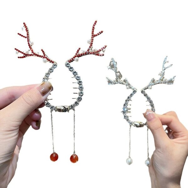 Hair Clasp Manufacturer - Fashion Christmas Deer Horn Claw Xmas Rhinestone Pearl Alloy