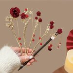 Hair Sticks Manufacturer - Vintage Red Velvet Rose Flower U Pins Pearl Rhinestone Metal