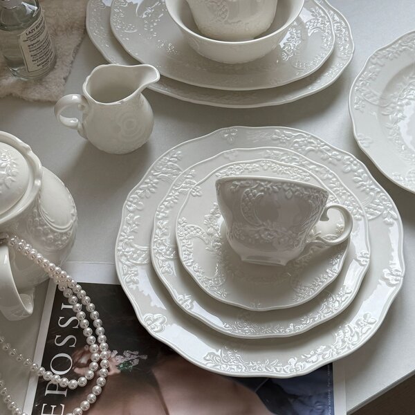 Ceramic Dinnerware Set Manufacturer - White Porcelain Embossed Relief Tea Pot Set