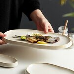 Porcelain Dinner Plate Manufacturer - Beige Rustic Eco-Friendly Oblong Ceramic Oval Serving Platter Fish Dishes for Restaurant