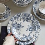 Ceramic Dinnerware Set Manufacturer - Vintage Blue Floral Embossed Decorative Plates Bowls Cups for Wedding