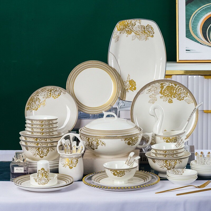 Bone China Dinnerware Set Manufacturer - Luxury 62pcs Fine Flower Bowls Plates Gold Rimmed