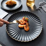 Ceramic Dinner Plate Set Manufacturer - Minimalist Flower Matte Black Serving Tray with Gold Rim Eco-Friendly Stoneware