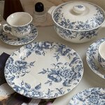 Ceramic Dinnerware Set Manufacturer - Vintage Blue Floral Embossed Decorative Plates Bowls Cups for Wedding