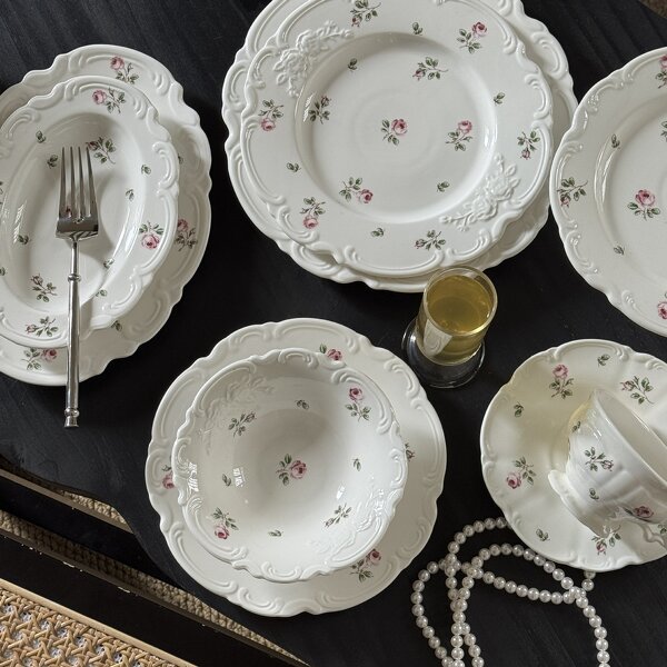 Ceramic Tableware Set Manufacturer - Vintage French Embossed Flower Dinner Plates Bowls Tea Cup Dessert Cake