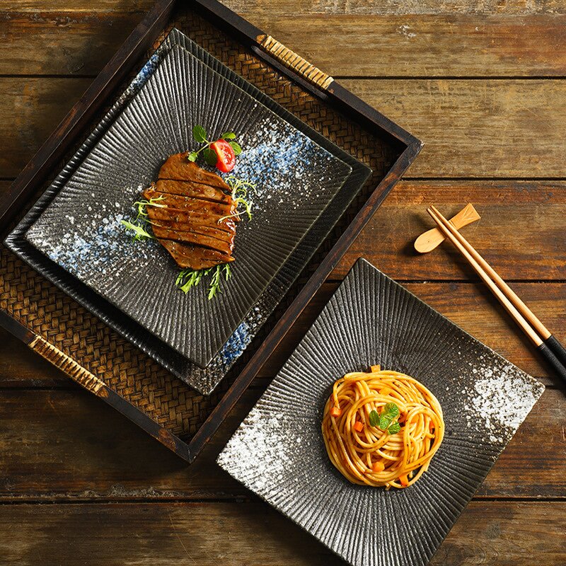 Ceramic Steak Dish Manufacturer - Rectangle Restaurant Tableware Matte Black White Sushi Porcelain Snack