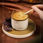 Stoneware Coffee Cup Manufacturer - Oman Arab Emirates Kuwait Text Saudi Arabic Camel Clay Coconut Palm Tree