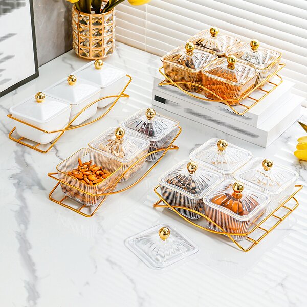 Fruit Plate Manufacturer - Luxury Golden Household Living Room Dried Fruit Nuts Snack Storage Box with Lid for Restaurant