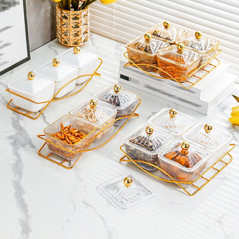 Fruit Plate Manufacturer - Luxury Golden Household Living Room Dried Fruit Nuts Snack Storage Box with Lid for Restaurant