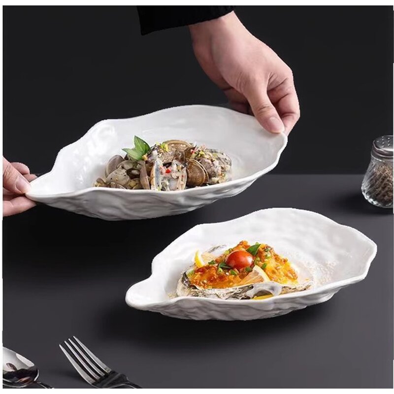 Ceramic Tapas Holder Manufacturer - Fine White Eco-friendly Oyster Shell Shape Minimalist Decorative Tray for Sea Food