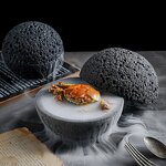 Ceramic Dinner Bowl Manufacturer - Creative Black Volcanic Stone Design Molecular Gastronomy Appetizer Sashimi Dry Ice Serving