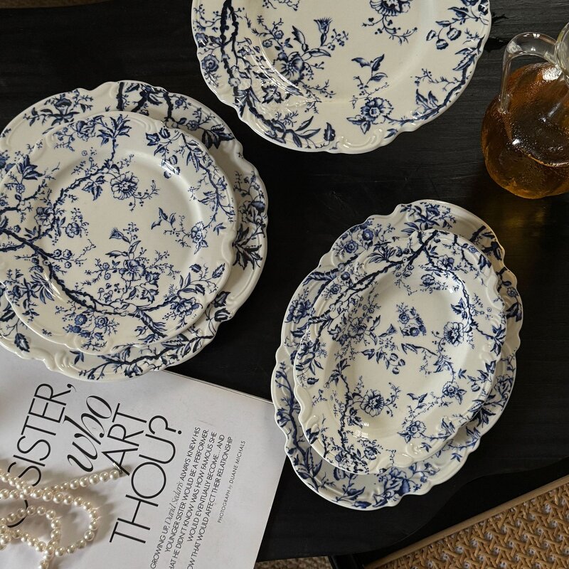 Ceramic Dinner Plate Set Manufacturer - European Embossed Blue Floral Printed Vintage Porcelain for Wedding