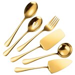 Serving Flatware Set Manufacturer - 6 Piece Gold Stainless Steel Includes Cake Server Slotted Spoon Serving Spoon Fork Soup Ladle