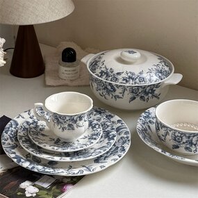 Ceramic Dinnerware Set Manufacturer - Vintage Blue Floral Embossed Decorative Plates Bowls Cups for Wedding
