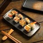 Porcelain Sushi Tray Manufacturer - Eco-Friendly Rectangular Japanese Style 7.5 Inch Long Flat Wave Black Blue