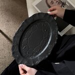 Ceramic Dinnerware Set Manufacturer - Vintage French Black Matte Embossed Lace Dinner Plates and Dishes