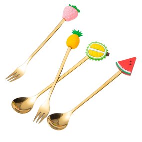 Tea Spoon Manufacturer - Cute Fruit Pattern Gold 410 Mirror Polish Coffee Dessert for Occasions Presents