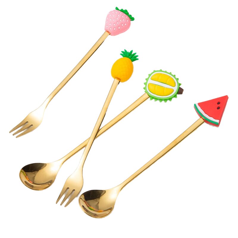 Tea Spoon Manufacturer - Cute Fruit Pattern Gold 410 Mirror Polish Coffee Dessert for Occasions Presents