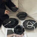 Ceramic Dinnerware Set Manufacturer - Vintage French Black Matte Embossed Lace Dinner Plates and Dishes