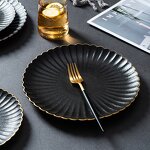 Ceramic Dinner Plate Set Manufacturer - Minimalist Flower Matte Black Serving Tray with Gold Rim Eco-Friendly Stoneware